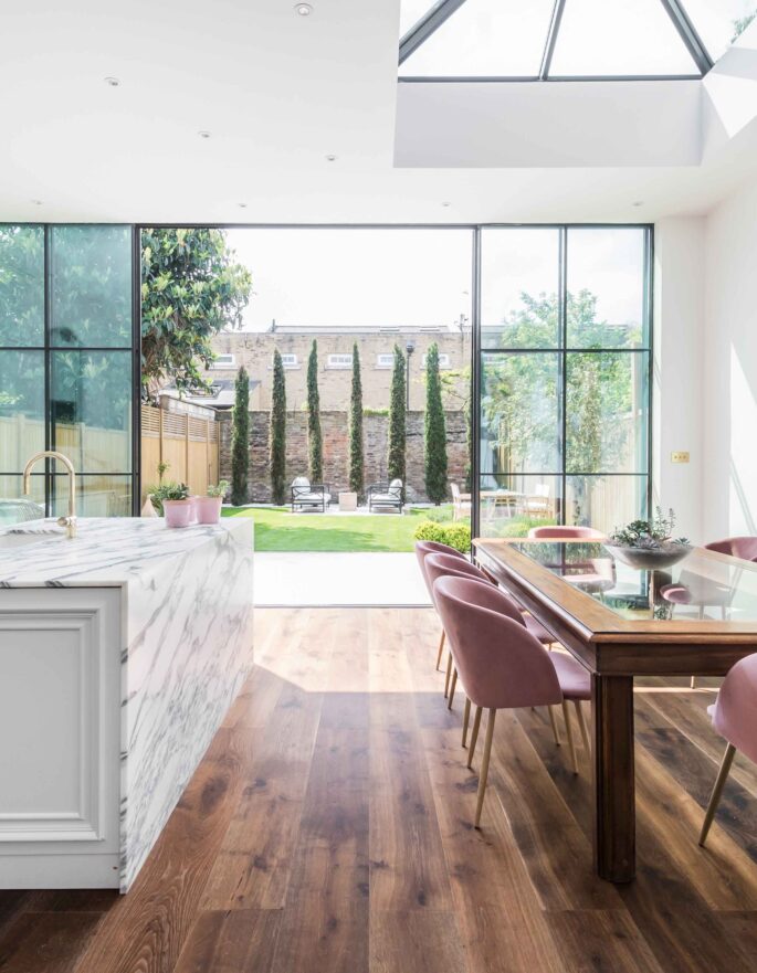 Boscombe Road W12 for rent London, open-plan kitchen and dining room with Crittall windows and a skylight