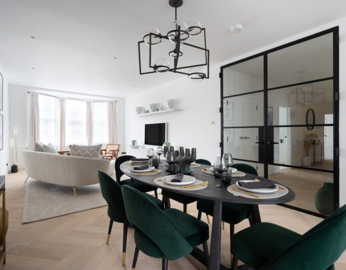 Dining table and Crittall doors Queens Court