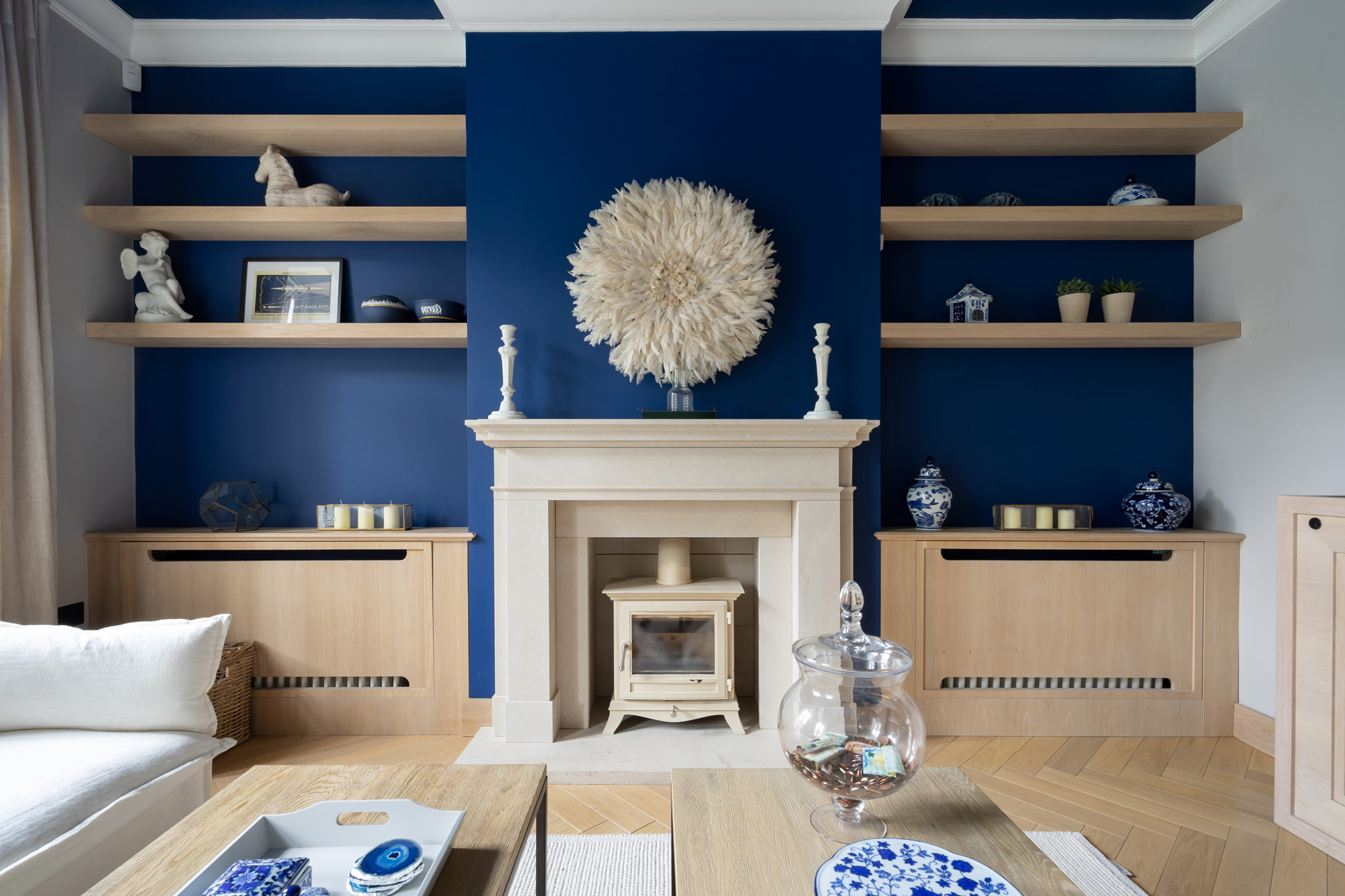 Fireplace and blue wall Astell Street SW3 Chelsea