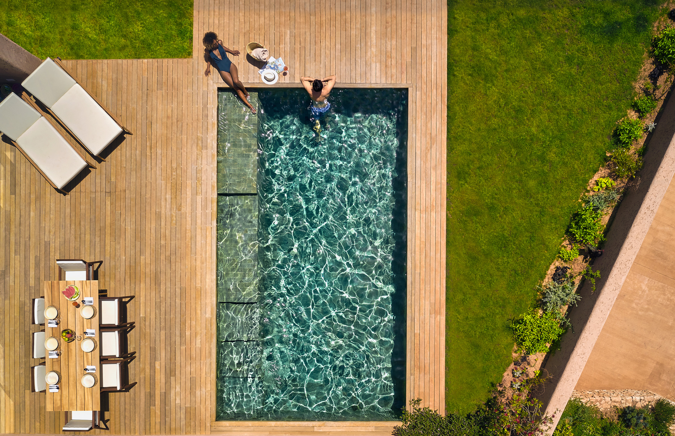 Bird&#039;s-eye view of a pool at a rental villa on Ibiza
