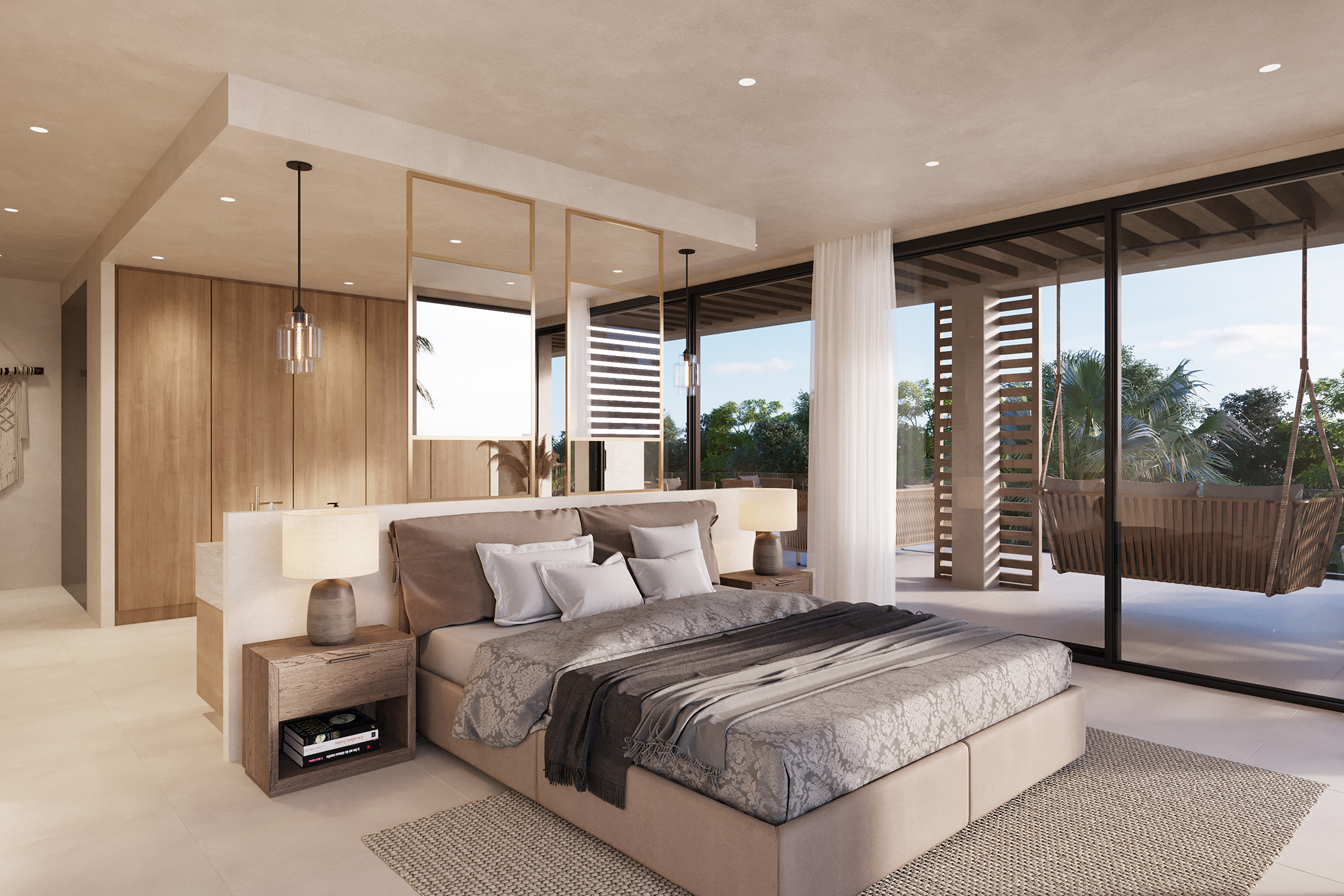 Calming, light-filled bedroom of a luxury villa in Ibiza