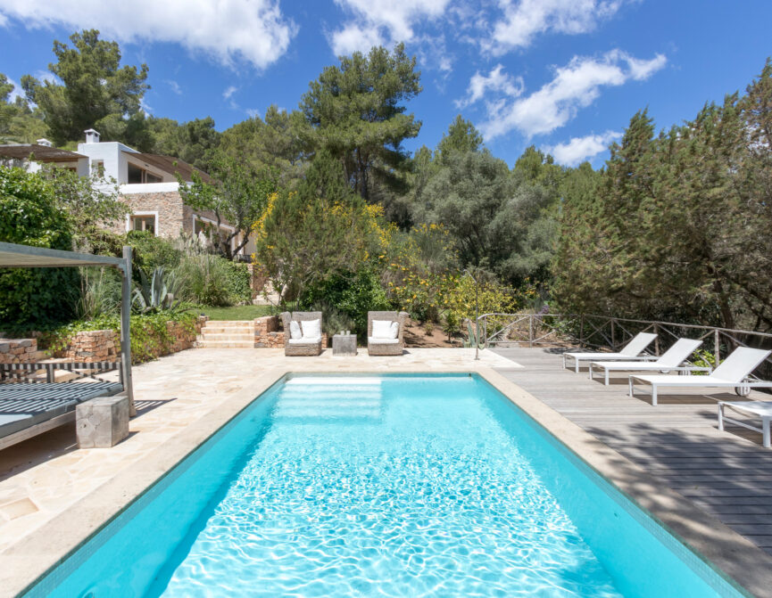 Swimming pool and main villa at Can Ambel in Ibiza