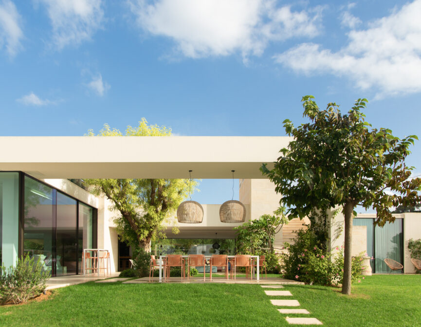 The exterior of a dramatic rental villa in Ibiza