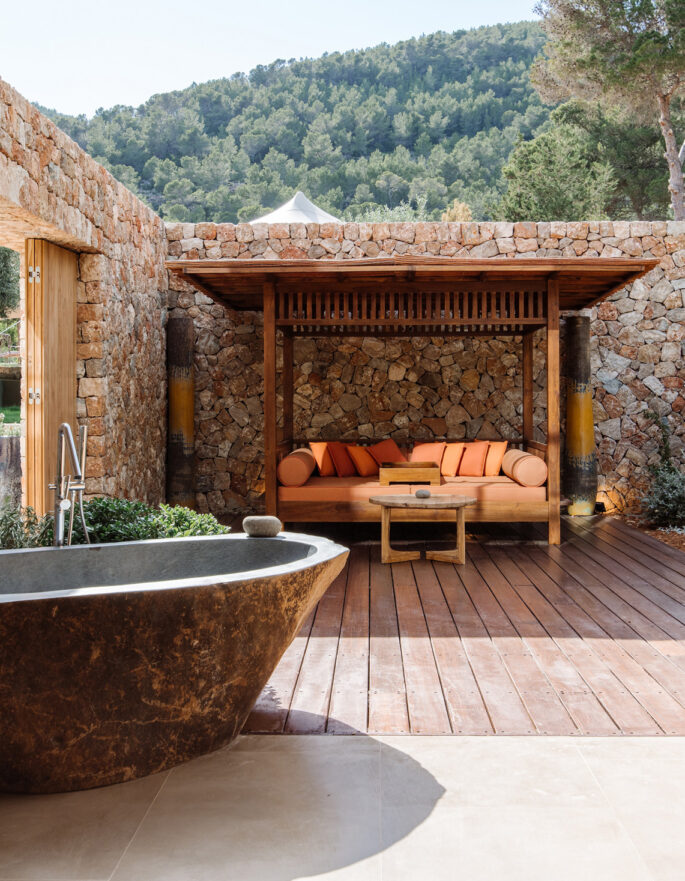 View of an outdoor bathroom at Can Sabina, a luxury villa in Ibiza