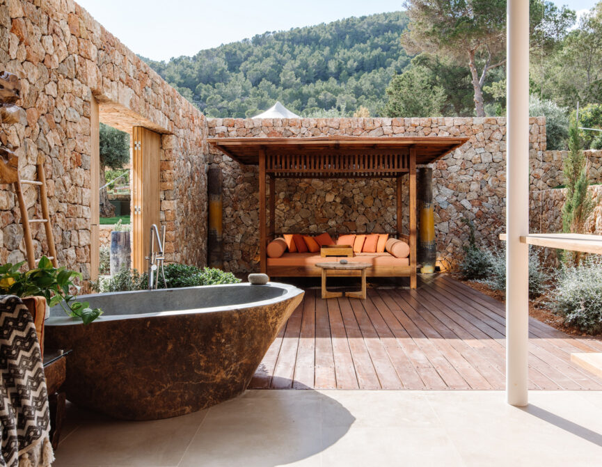 View of an outdoor bathroom at Can Sabina, a luxury villa in Ibiza