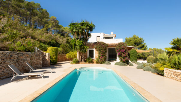 Straight view of a pool at a luxury villa for sale in Ibiza