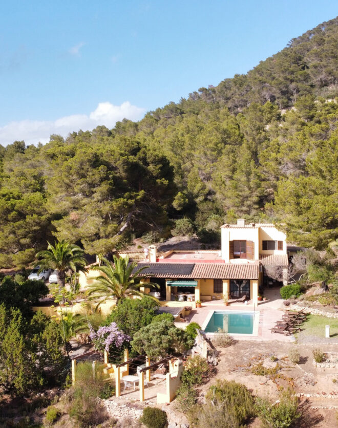 Aerial view of Casa Monala Es Vedra, a luxury villa for sale in Ibiza