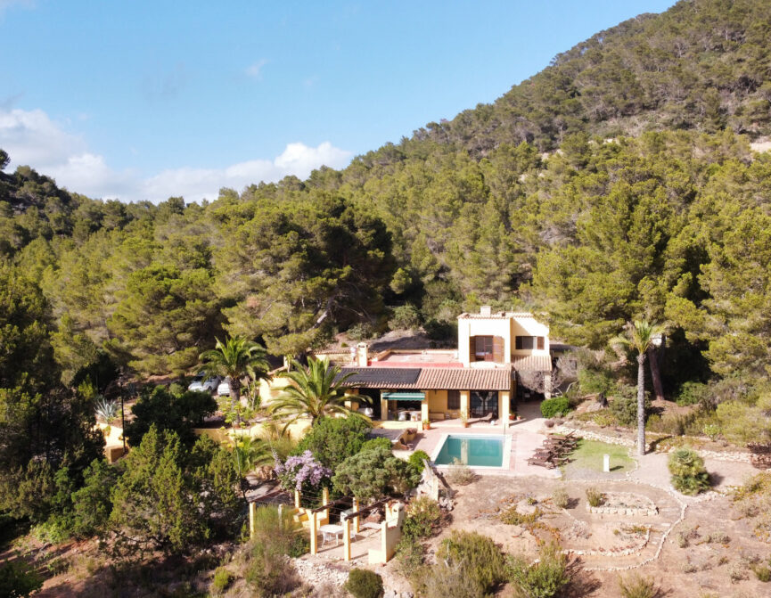 Aerial view of Casa Monala Es Vedra, a luxury villa for sale in Ibiza