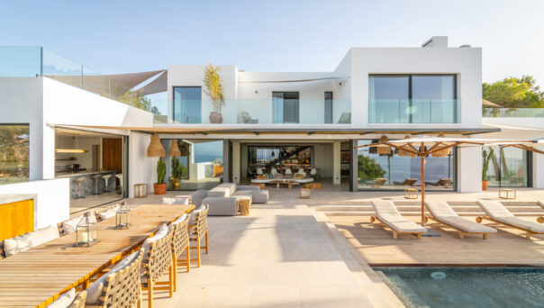 External of modern Ibiza villa and swimming pool