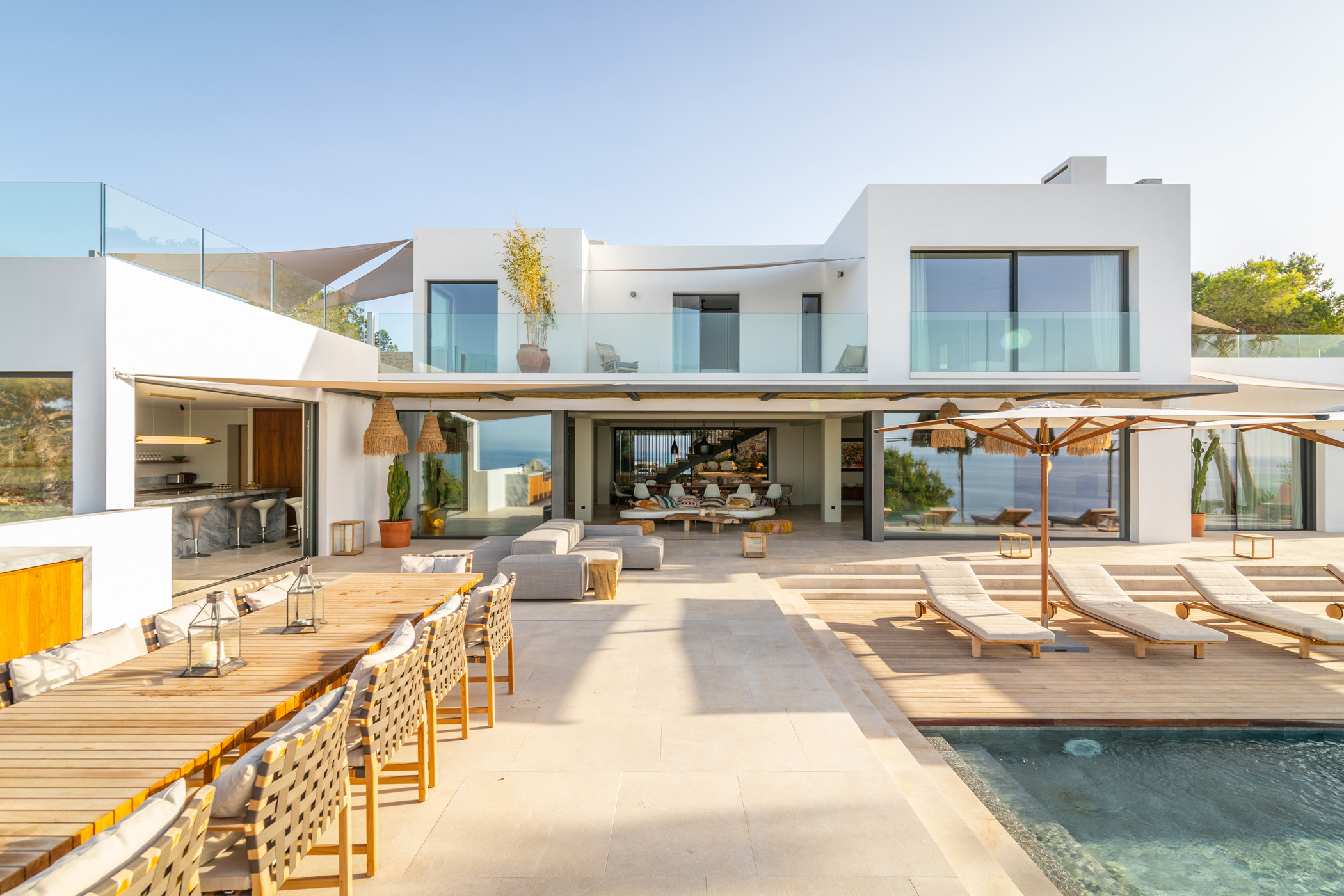 External of modern Ibiza villa and swimming pool