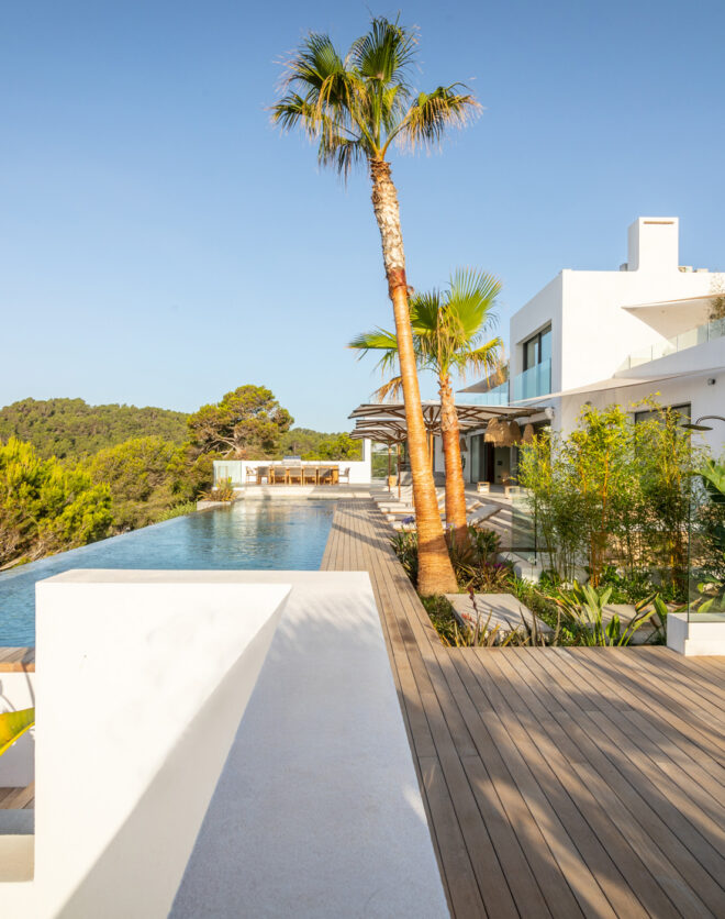 Sea views of modern Ibiza villa and swimming pool