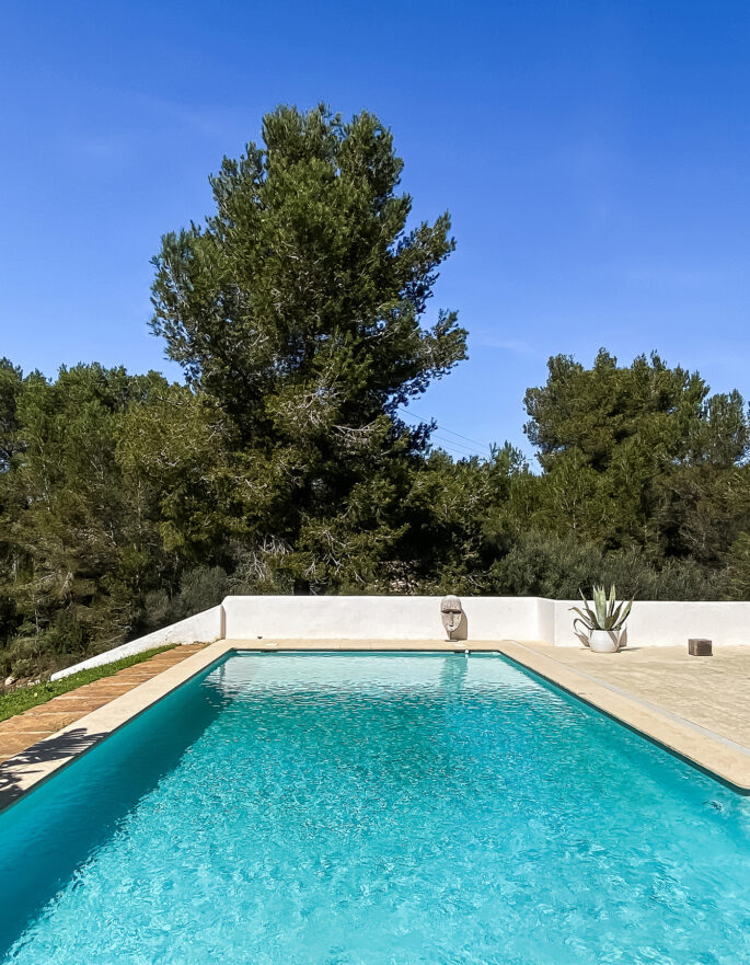 A swimming pool in Ibiza and greenery beyond
