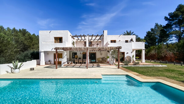 The pool and exterior of a luxury five-bedroom finca in Ibiza