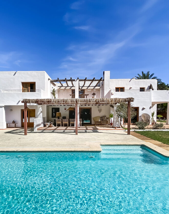 The pool and exterior of a luxury five-bedroom finca in Ibiza