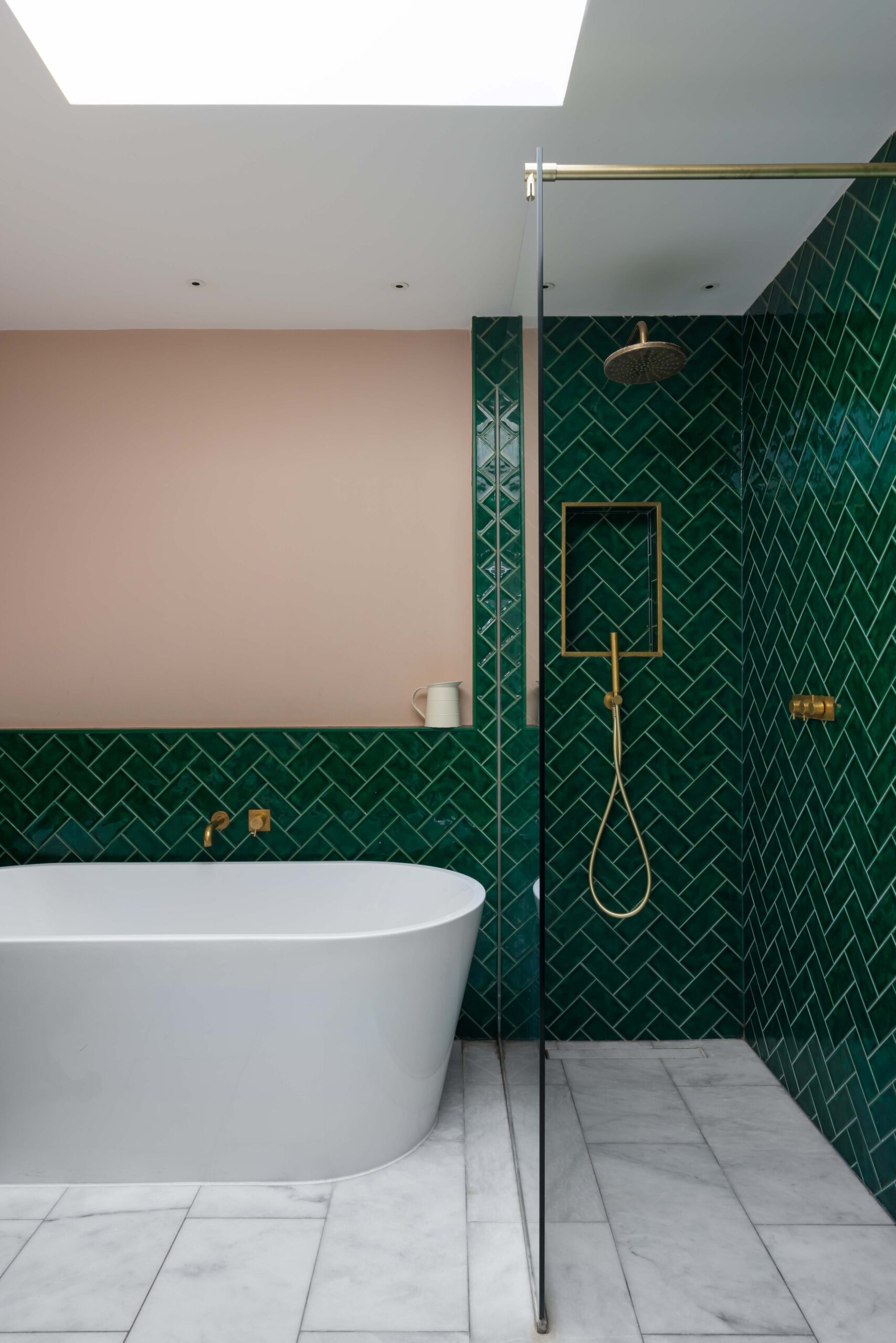 Kensington Park Road bathroom with freestanding tub and green parquet tiles