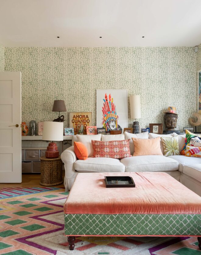 Kensington Park Road living room with patterned wallpaper by Barlow &amp; Barlow