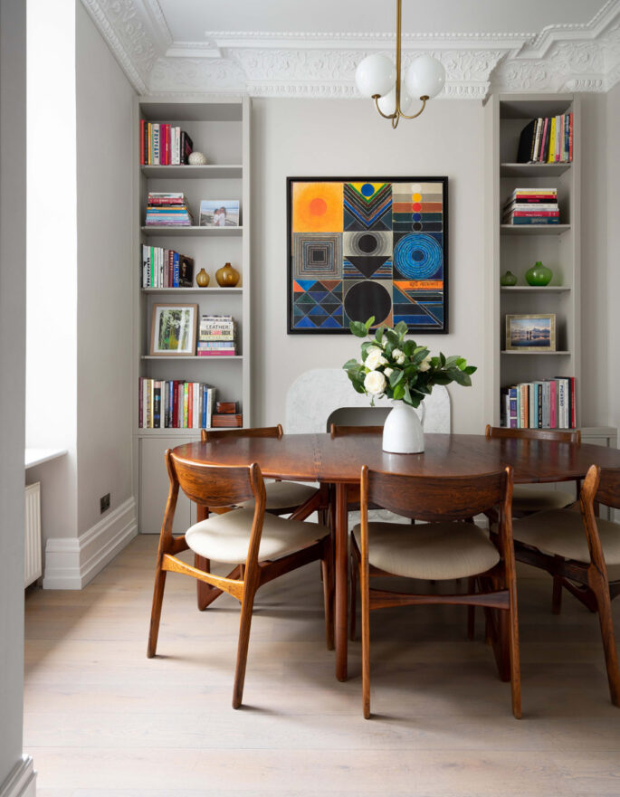 For Rent: Sunderland Terrace Notting Hill W2 Contemporary dining room with bookshelves and wooden furniture