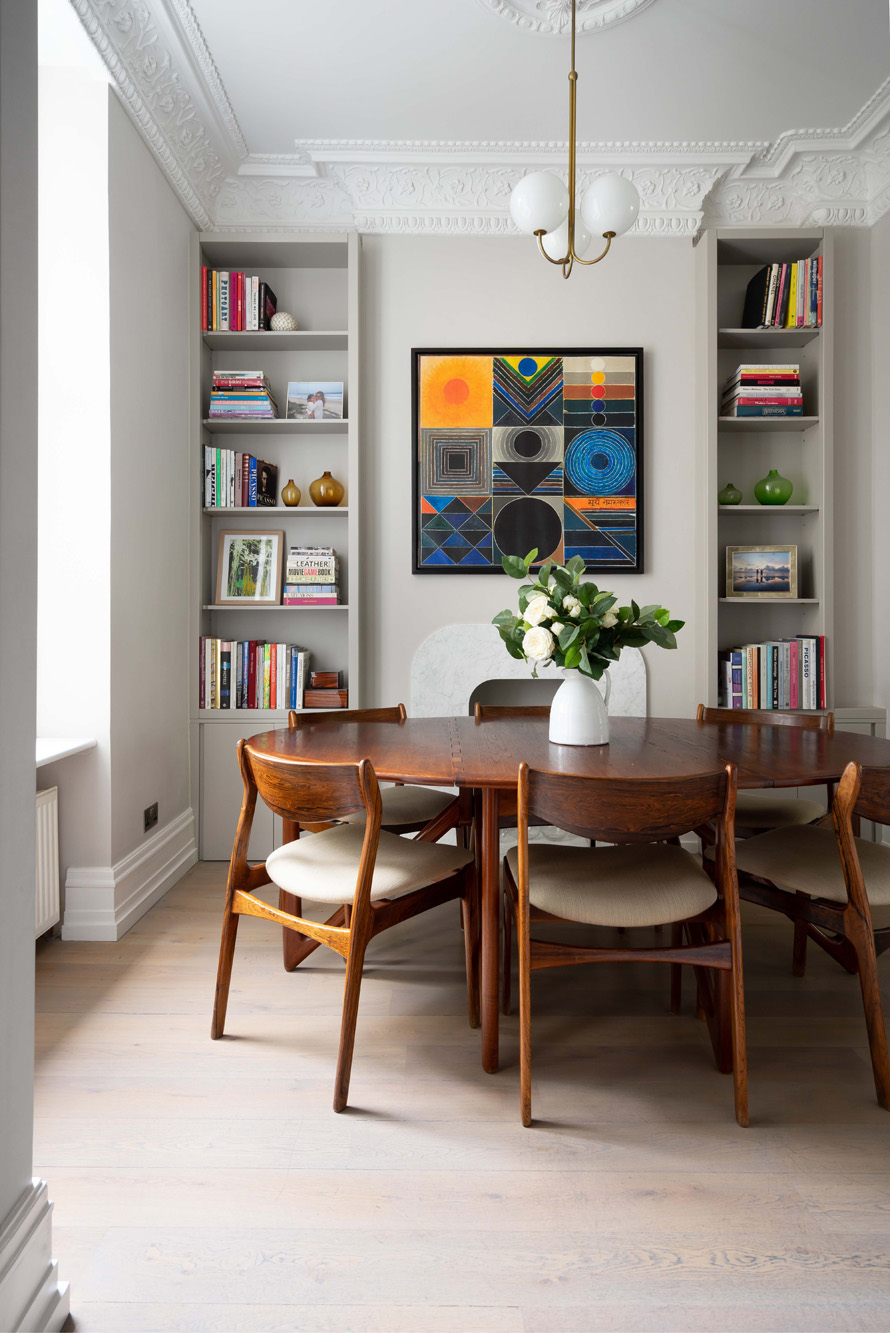 For Rent: Sunderland Terrace Notting Hill W2 Contemporary dining room with bookshelves and wooden furniture