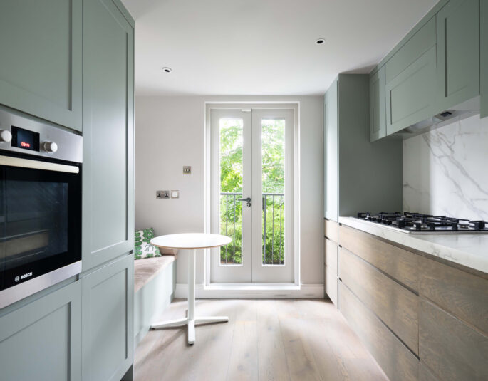 For Rent: Sunderland Terrace Notting Hill W2 minimalist kitchen with French windows