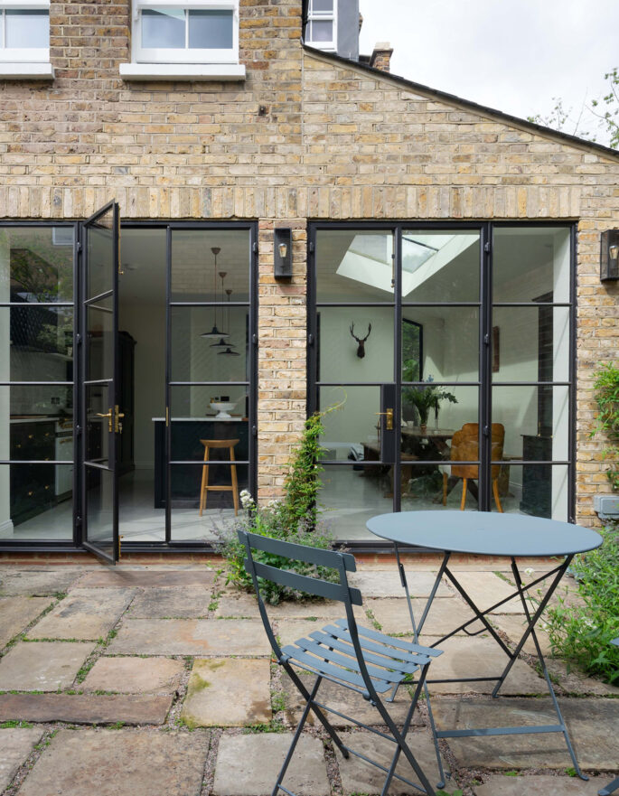 For Rent: Treadgold Street Notting Hill W11 rear façade with patio and Crittall windows