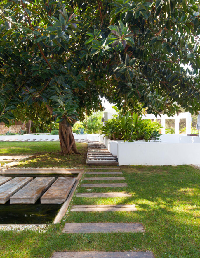 Leafy shaded garden of a holiday home in Ibiza
