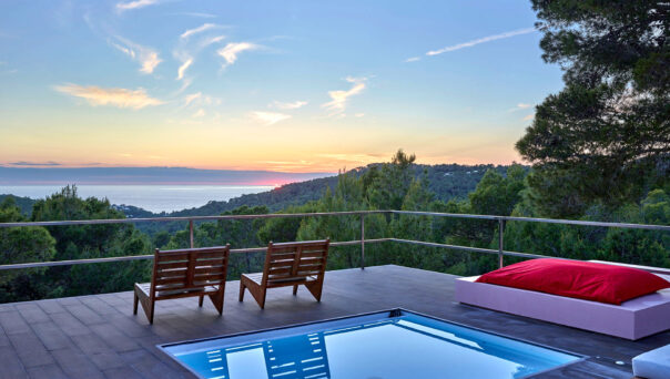 Sunset views from the terrace of a luxury rental villa in Ibiza