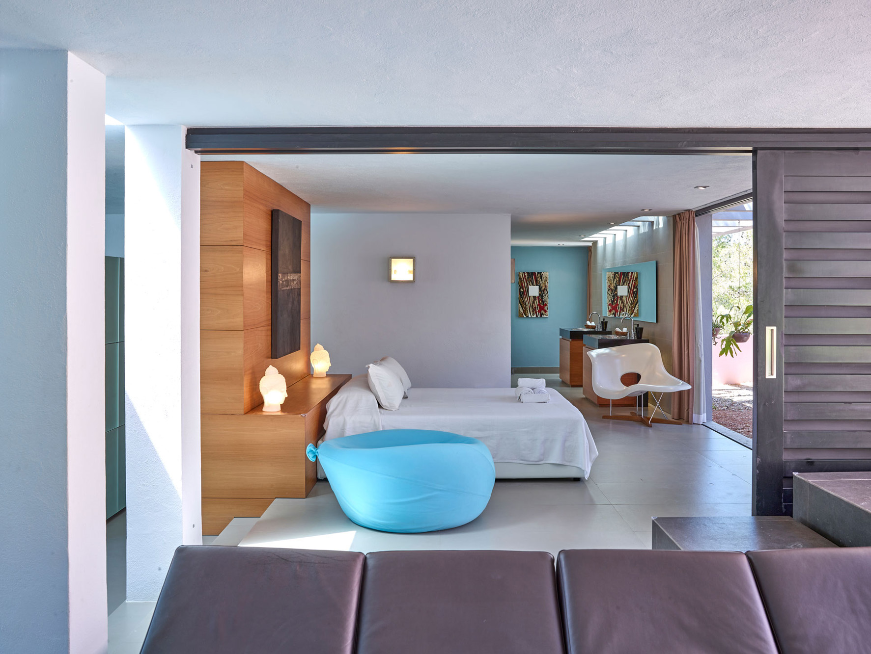 Design-led bedroom of a rental villa in Ibiza