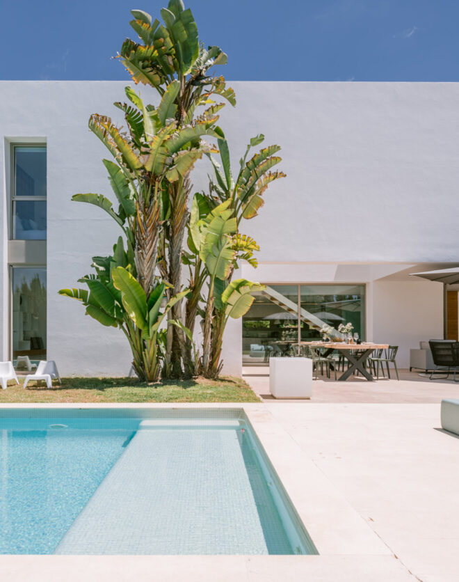 Soaring elevation of a modernist villa for sale in Ibiza