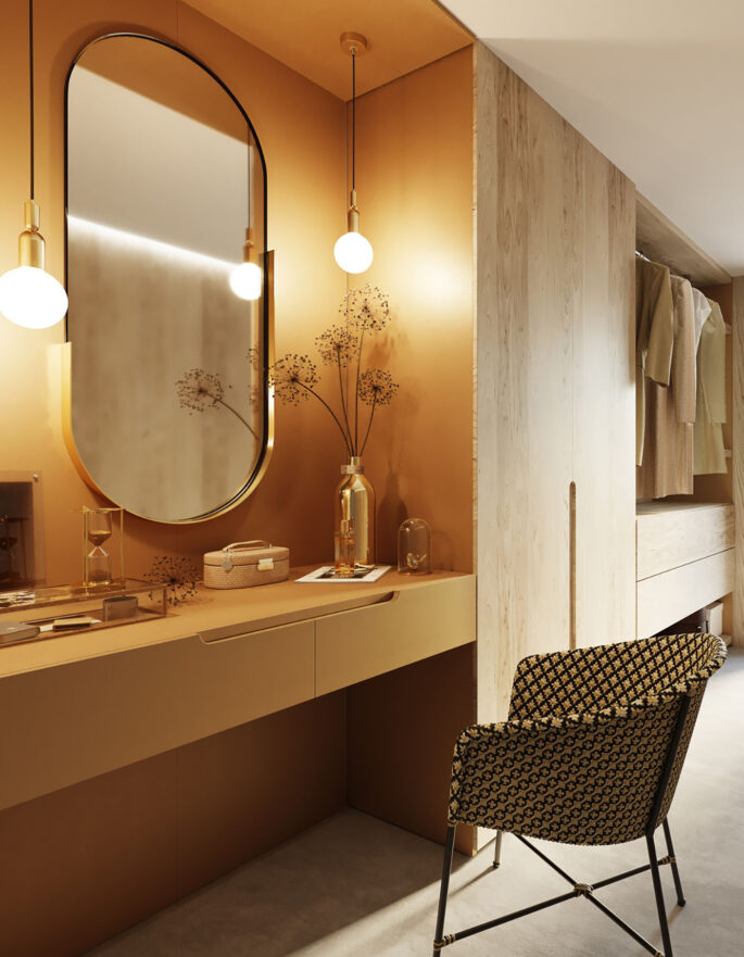 Render of a wood-wrapped dressing room of a luxury villa for sale in Ibiza