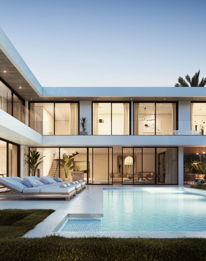 Render of an L-shaped luxury villa in Ibiza, wrapped around swimming pool