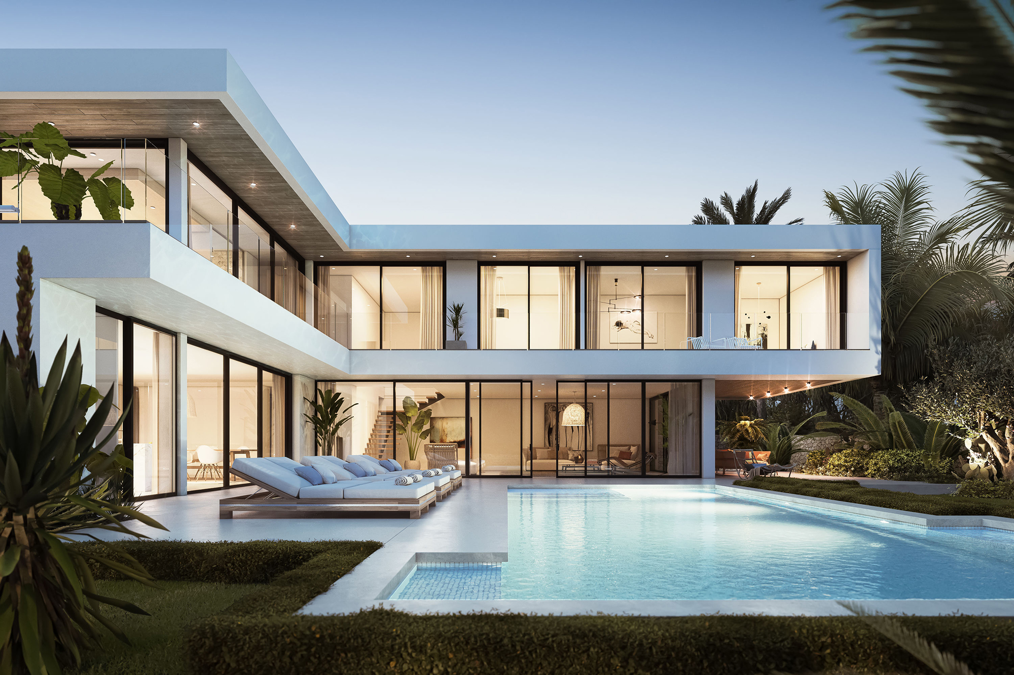 Render of an L-shaped luxury villa in Ibiza, wrapped around swimming pool