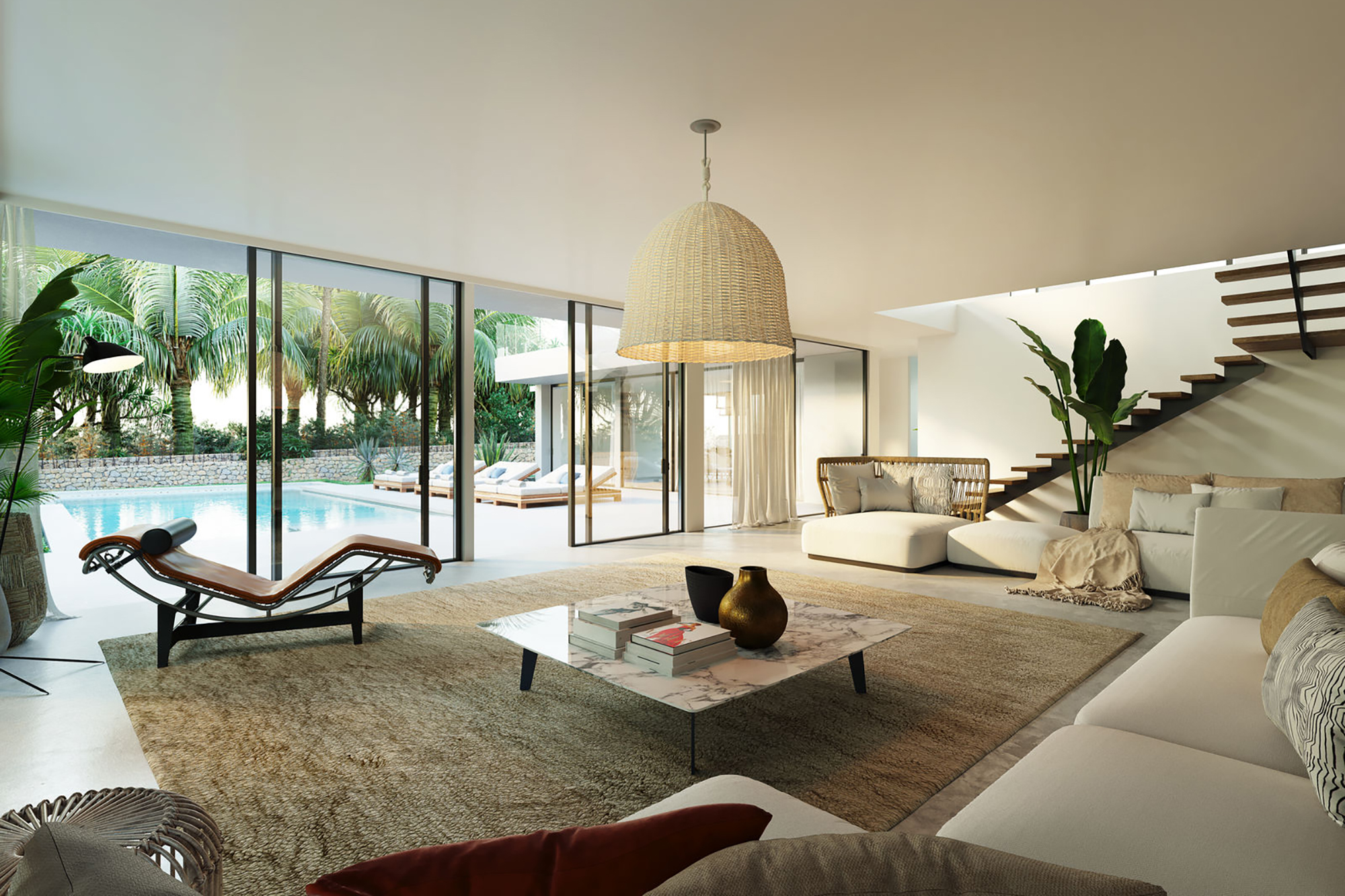 Render of a stylish reception room in a luxury villa to buy in Ibiza