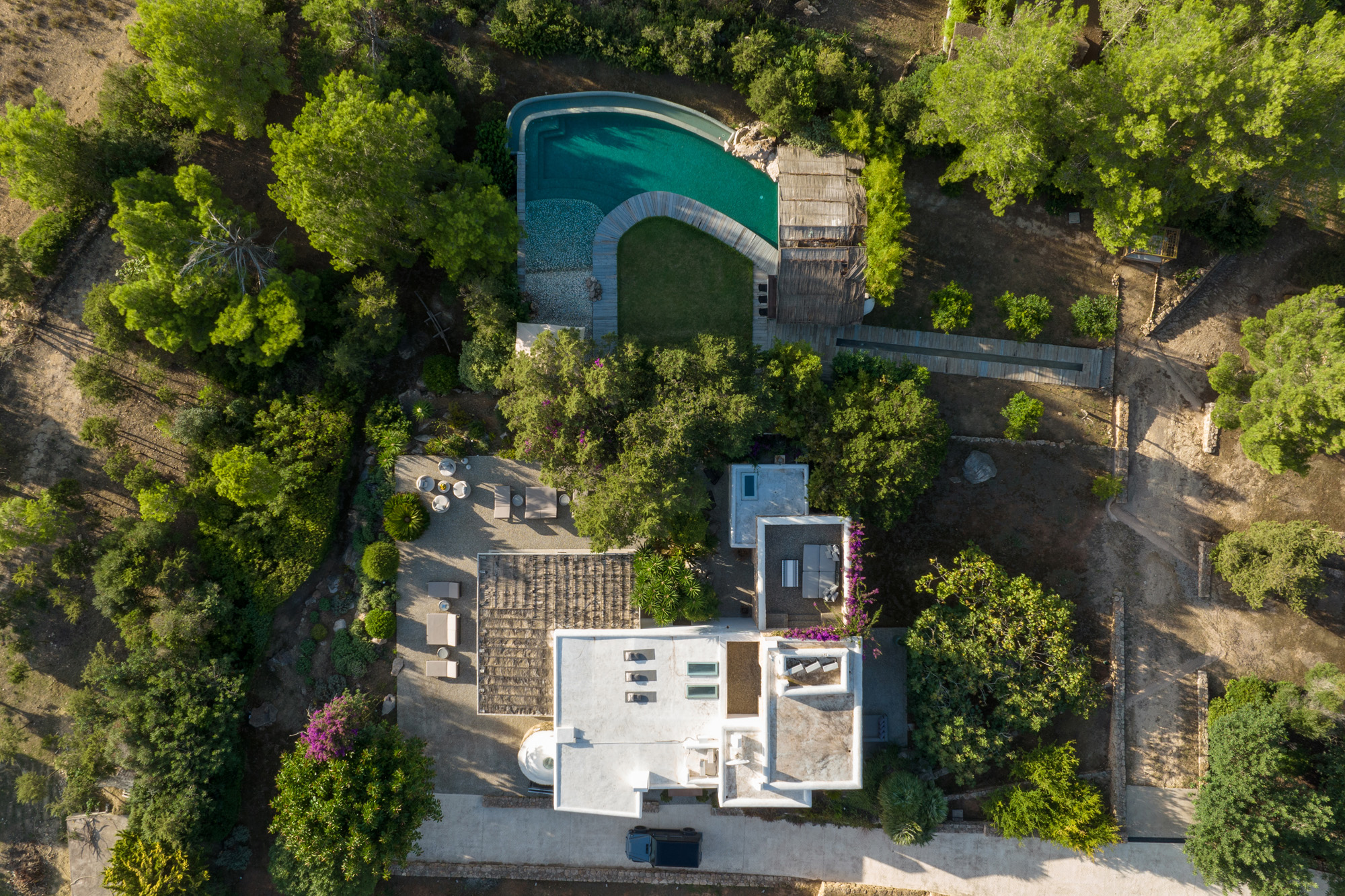 Can Bikini Ibiza Villa ariel shot with curved pool and pine forest