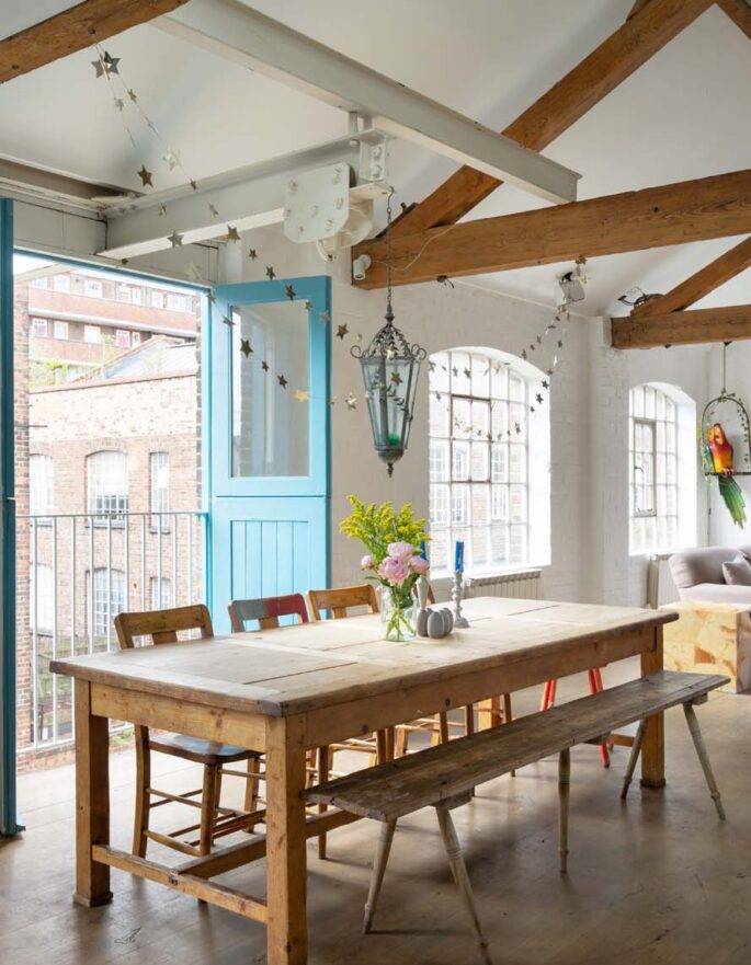 For Sale: Leighton Place Kentish Town NW5 loft style dining table with ceiling rafters