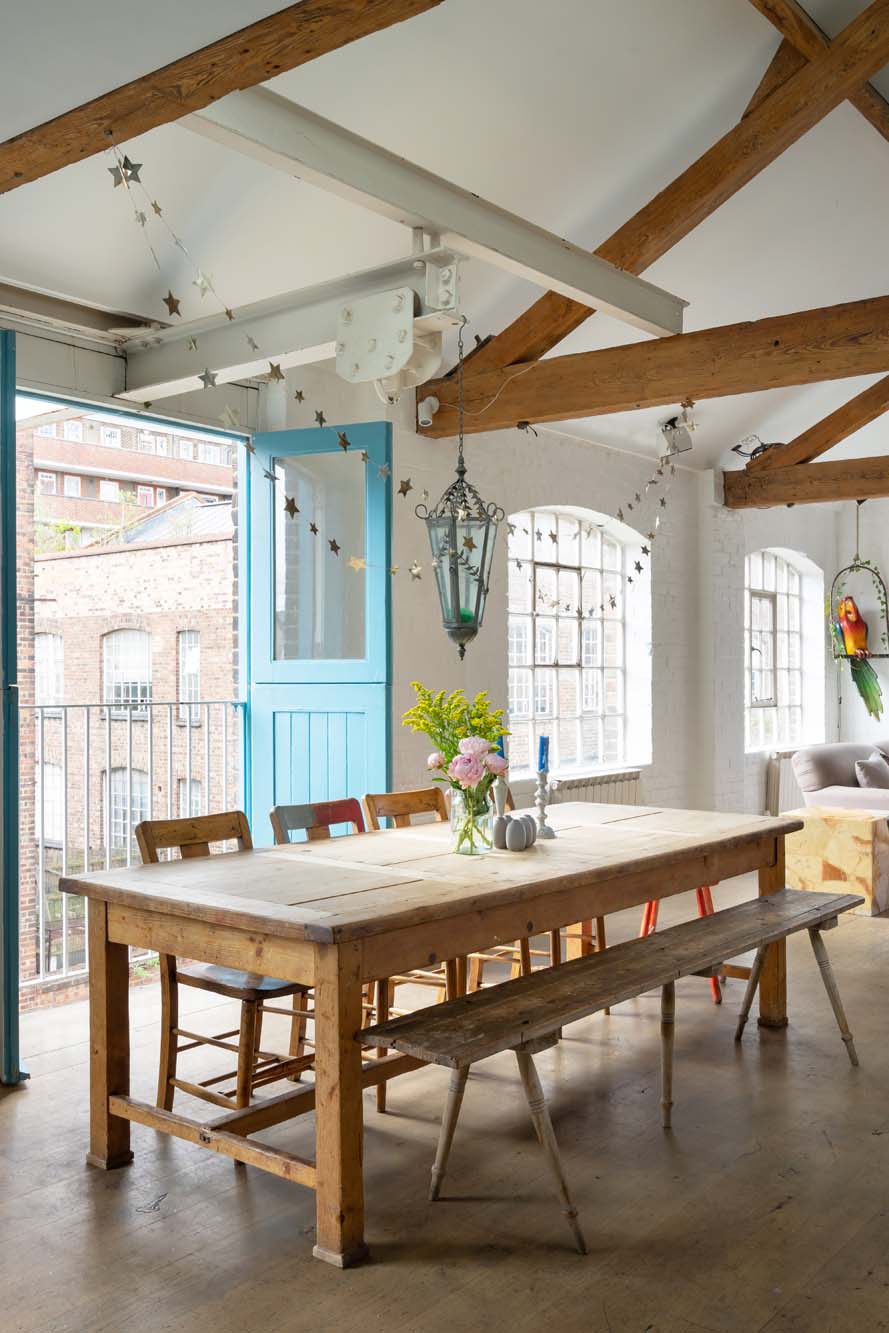 For Sale: Leighton Place Kentish Town NW5 loft style dining table with ceiling rafters