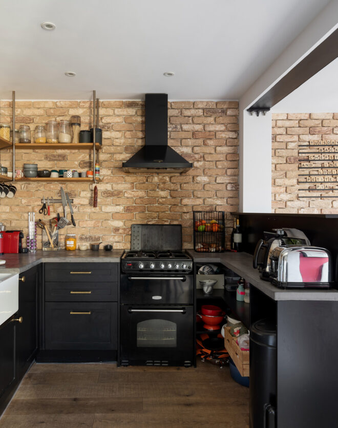 For Sale: St Marks Road North Kensington W10 stylish monochromatic kitchen and exposed brick wall