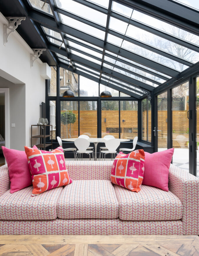 For Sale: Cambridge Gardens Notting Hill W11 steel-framed conservatory and modern sofas