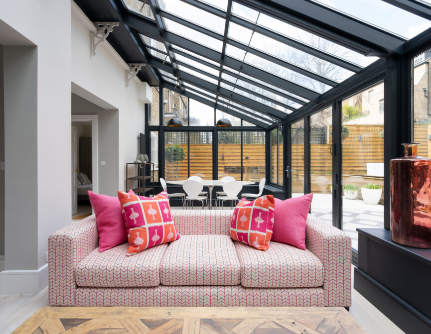 For Sale: Cambridge Gardens Notting Hill W11 steel-framed conservatory and modern sofas