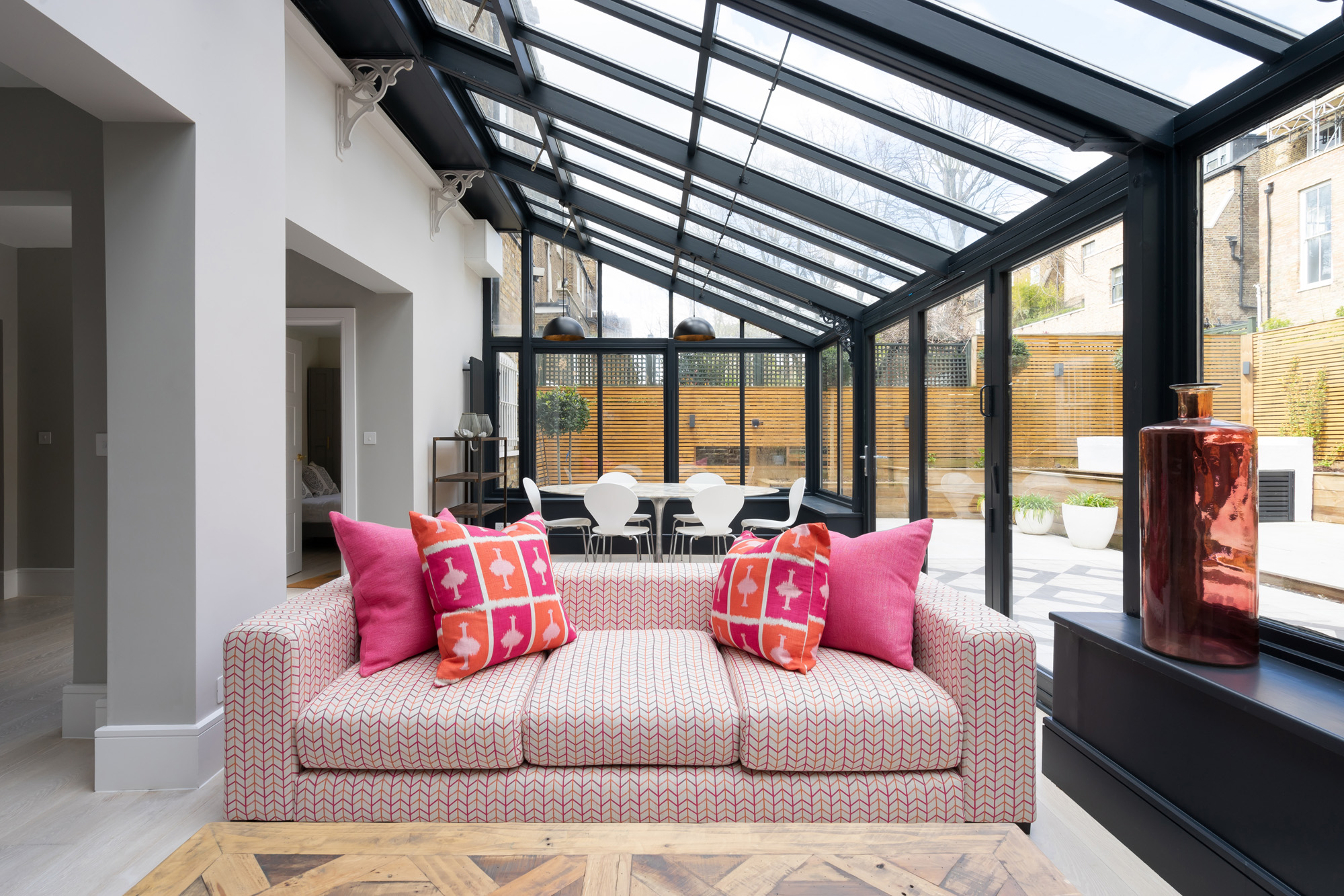 For Sale: Cambridge Gardens Notting Hill W11 steel-framed conservatory and modern sofas
