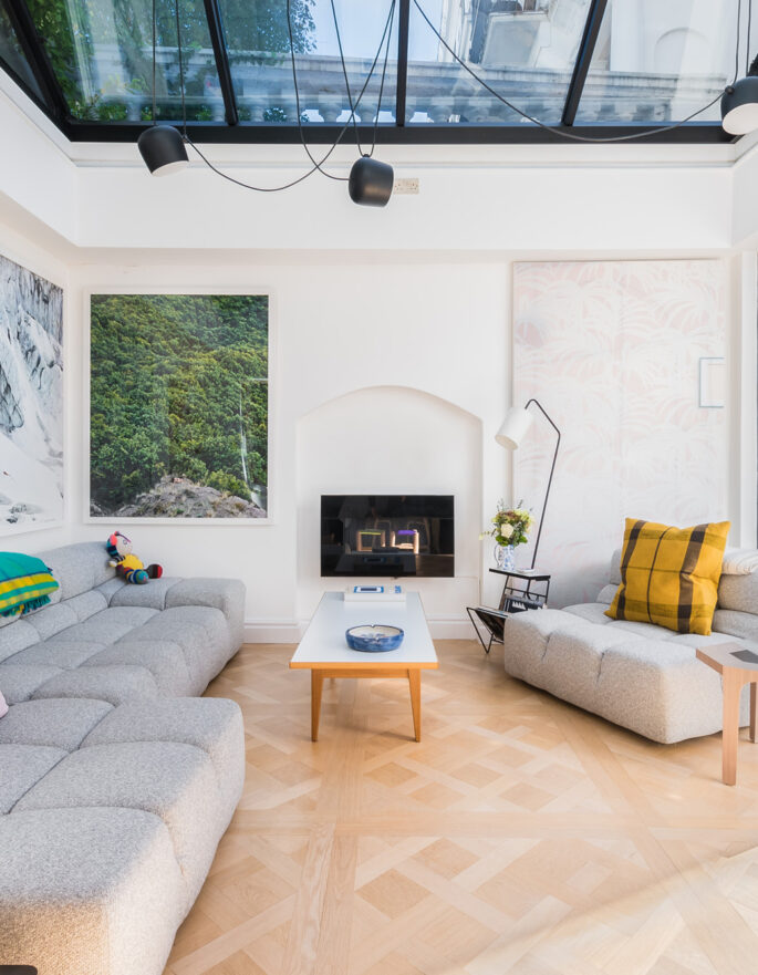 For Sale Alexander Street Notting Hill W2 Contemporary reception room with pale wood floors and skylight
