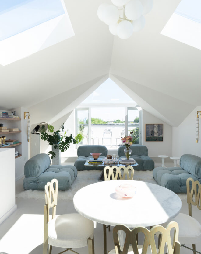 For Sale: Golborne Road North Kensington W10 top-floor reception room with minimalist furniture and skylights