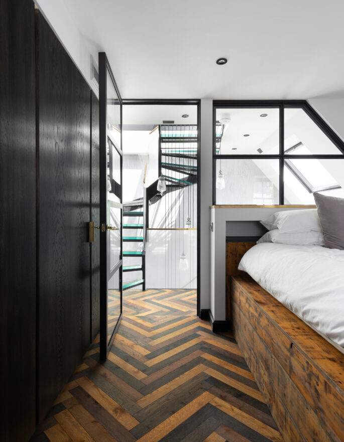 For Sale: Leinster Mews Notting Hill W11 cubic studios industrial interior design and parquet floors