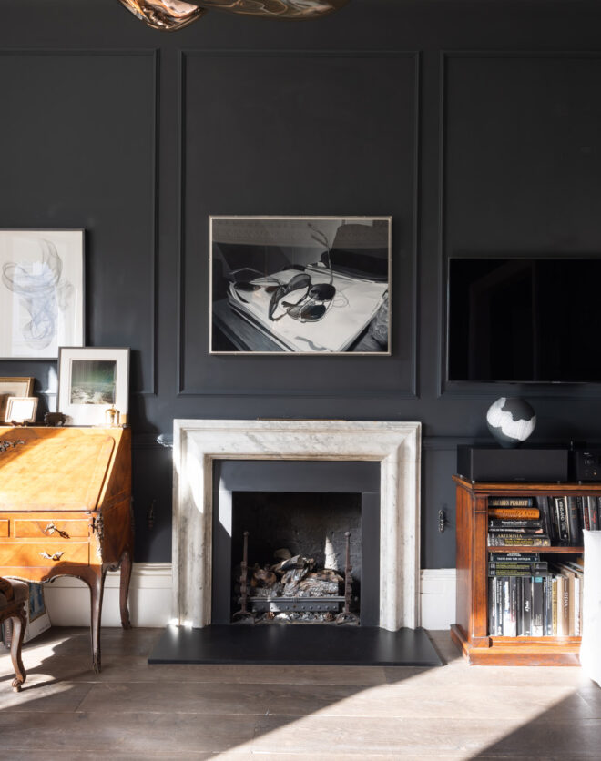 For Sale: Pembridge Square Notting Hill W2 monochromatic reception room and period fireplace