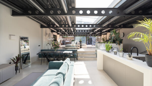 For Sale: Tilton Street Fulham SW6 industrial style reception room with steel ceiling and contemporary interiors