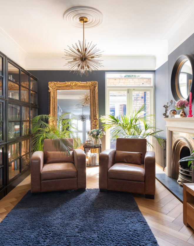 For Sale: Wormholt Road Shepherd's Bush W8 modern reception room with black-framed cabinets and stylish interior design