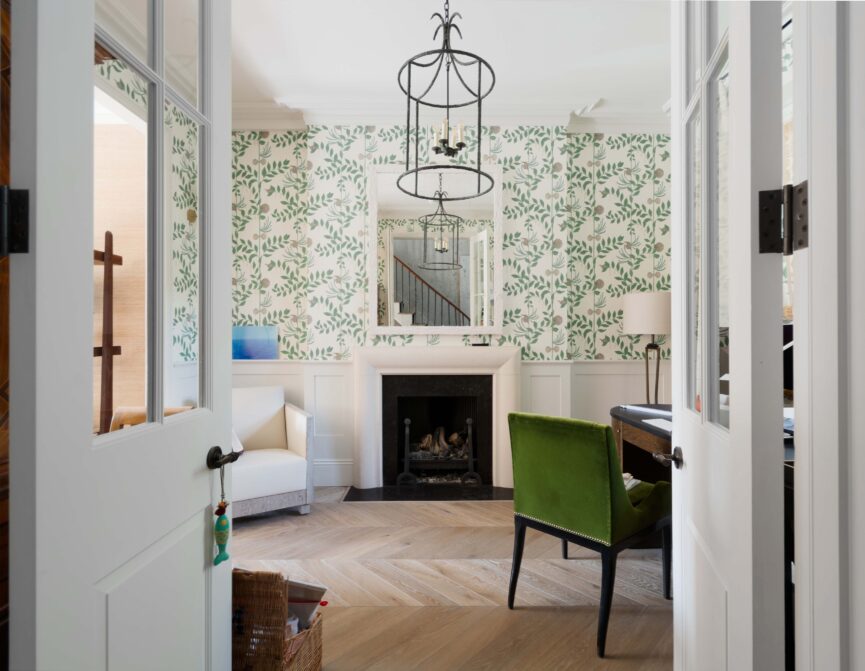 Hammersmith Grove's reception room with botanical wallpaper and double doors