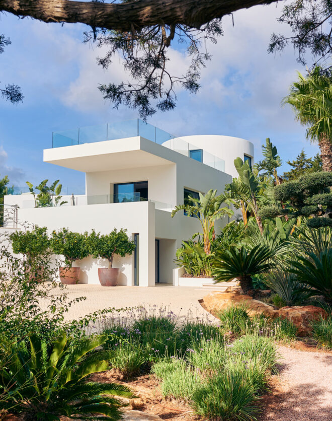 The contemporary exterior of a luxury rental villa in Ibiza