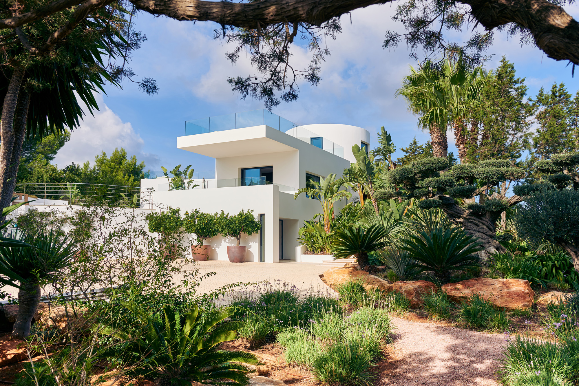 The contemporary exterior of a luxury rental villa in Ibiza