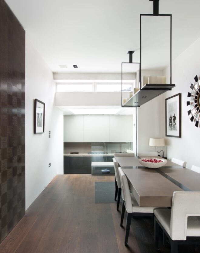 For Sale: Westbourne Grove Notting Hill W11 modern dining room and kitchen with dark wood floors