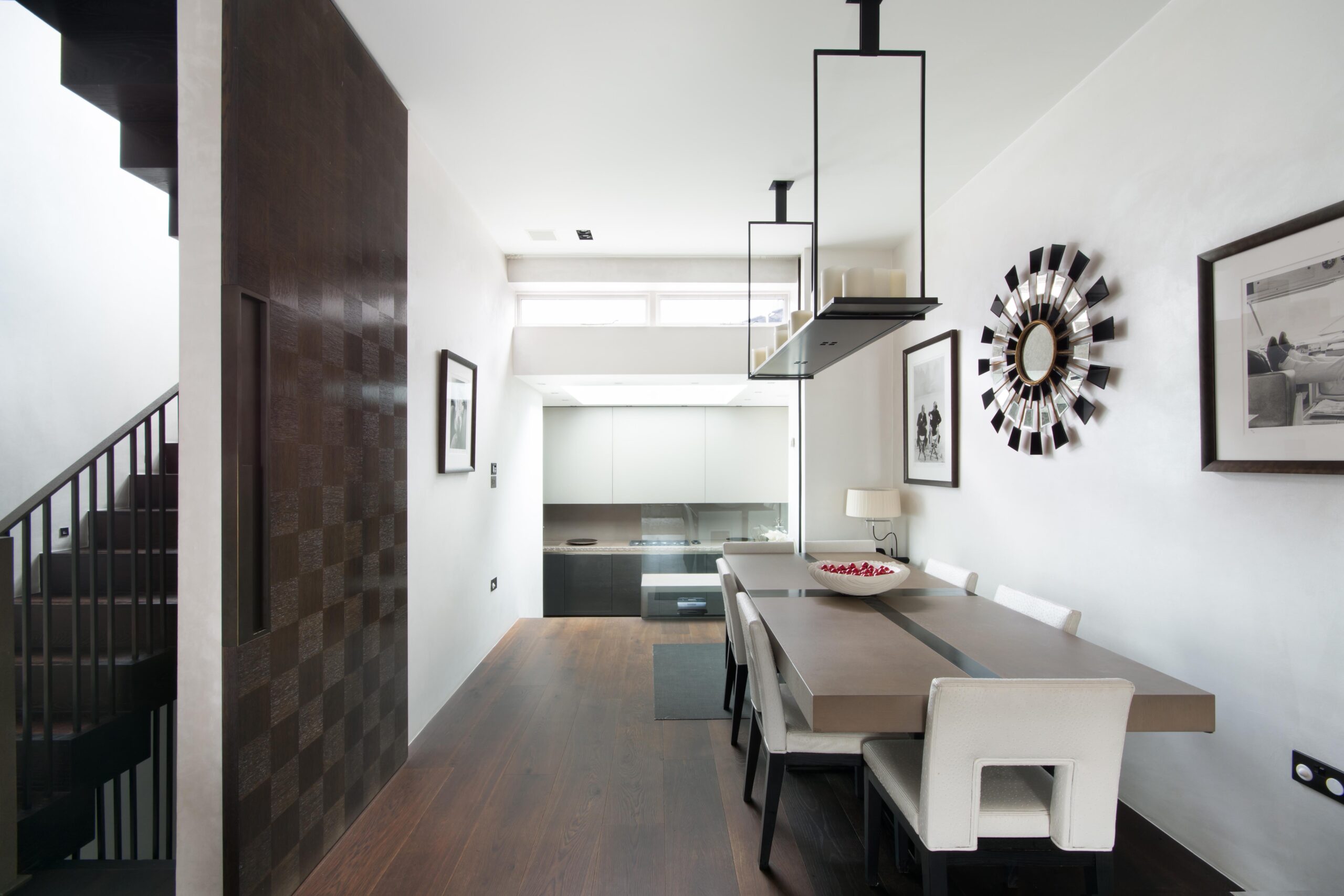 For Sale: Westbourne Grove Notting Hill W11 modern dining room and kitchen with dark wood floors